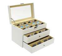 Kaichenyt Caja de gafas, 3 capas de almacenamiento para guardar 18 gafas de piel sintética con cerradura y llave, color blanco, 13,2 x 7,48 x 8,86 pulgadas, Blanco, Talla única