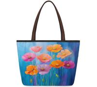 Kaifanee Bolso de lona plegable de gran capacidad para mujer | Bolsa de hombro reutilizable con diseño de flores de amapola colorida para el trabajo diario informal