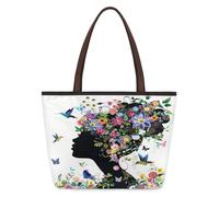 Kaifanee Bolso de lona plegable de gran capacidad para mujer | Bolsa de hombro reutilizable con diseño de silueta de niña con colorido peinado floral para uso diario y trabajo casual