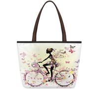 Kaifanee Bolso de lona plegable de gran capacidad para mujer | Bolsa de hombro reutilizable para bicicleta, diseño de silueta de niña con flores coloridas y mariposas