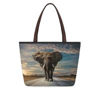 Kaifanee Bolso de lona plegable de gran capacidad para mujer | Elephant Walking On Hhighway - Bolsa de hombro reutilizable para el trabajo diario informal