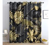KaiHeBeding Cortinas Salon Hojas de Palma Negras y Doradas, 140x245 cm 2 Piezas - Cortinas Dormitorio Opacas Plantas Tropicales Ventana Decoracion Habitacion, con Ojales, Blackout Curtains