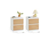 VASAGLE KAILYN Colección - Juego de 2, Mesita de Noche con Regleta de Enchufes, Mesa Auxiliar, 2 Cajones, 2 Tomas AC, 2 Puertos USB-A, Salón, Dormitorio, Amarillo Almendra LET821Y02