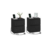 VASAGLE KAILYN Colección - Juego de 2, Mesita de Noche con Regleta de Enchufes, Mesa Auxiliar, 2 Cajones, 2 Tomas AC, 2 Puertos USB-A, Salón, Dormitorio, Negro Ébano LET821B02