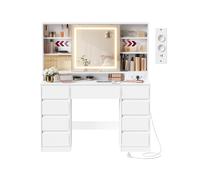 VASAGLE Kailyn Colección - Tocador con Espejo LED, Regleta, 9 Cajones, Lupa de 10x, Iluminación de 3 Colores, Montaje sin Herramientas, Blanco Nube RDT137W01