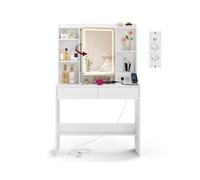 VASAGLE Kailyn Colección - Tocador con Luces LED de 3 Colores con Brillo Ajustable, Regleta, Mesa de Maquillaje con Espejo, Estantes Ajustables, 2 Cajones, Estilo Moderno, Blanco RDT143WB01