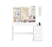 VASAGLE Kailyn Colección - Tocador con Luces LED de Brillo Ajustable, Regleta, Mesa de Maquillaje con Espejo, 40 x 124,7 x 145 cm, Compartimentos Abiertos, Estantes Ajustable, Blanco Nube RDT644WB01