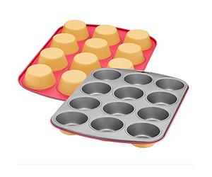Kaiser Colors 2300670836 - Bandeja para 12 Magdalenas (38 x 27 cm, Antiadherente, tamaño estándar, Formas para Cupcakes, Happy Bicolor, Color Naranja y Rosa, Acero, Resistente al Calor hasta 230 °C)