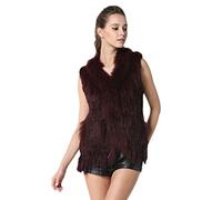 KAISHIN Chalecos de Piel de Conejo de Punto Real a la Moda para Mujer Chalecos de Cuello de Piel de Mapache Informales de Todo fósforo (Vino Rojo, ES 34 Talla)