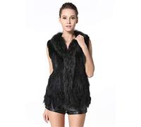 KAISHIN Chalecos de Piel de Conejo de Punto Real a la Moda para Mujer Chalecos de Cuello de Piel de Mapache Informales de Todo fósforo (Negro, ES 34 Talla)