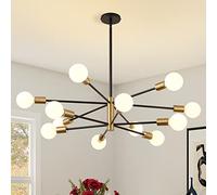 KAISITE Candelabro moderno Sputnik de 12 luces, lámparas de araña negras y doradas para comedor, sobre mesa, altura ajustable de mediados de siglo, techo alto, cocina, casa de campo