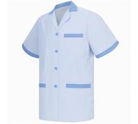 KAIXUAN - Casaca Sanitaria Raya Cuello Solapa Manga Corta - Casaca SEÑORA con BOTÓN - Uniforme Laboral Limpieza HOSTELERÍA - Camiseta Pijama Cuello Solapa Bicolor - Serie T820 (Azul Celeste -4, XS)