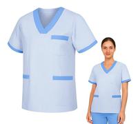 KAIXUAN - Casaca Sanitaria Raya Unisex DE Manga Corta - Uniforme MÉDICO ESTÉTICA HOSTELERÍA - Camiseta Pijama Cuello Pico Bicolor - Serie T817 (Azul Celeste -4, XXL)