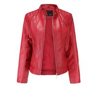 Kaiyei Chaquetas de PU Cuero Sintetico Mujer Slim Fit Talla Grande Cuello Alto Primavera Otoño Manga Larga Elegante Jacket Cortas Cazadora Biker con Cremalleras Rojo XL