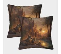 kaiyun As The Sol Sets, A Pack of Wolves Lies Beside A Desert Oasis Fundas De Almohada Decoración del Hogar con Cremallera Invisible 40x40cm 2 Paquetes
