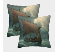 kaiyun Barcos Largos Vikingos navegando en Mares tormentosos Fundas De Almohada Decoración del Hogar con Cremallera Invisible 50x50cm 2 Paquetes