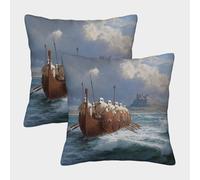 kaiyun Barcos Vikingos navegando en Las Aguas del noreste de Inglaterra Funda De Cojín De Almohada Cuadrada para Sofá 40x40cm 2 Paquetes con Cremallera