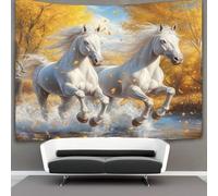 kaiyun Caballo blanco Tapiz Estético Del Dormitorio - De Pared Independiente Decoración De La Habitación Running by The River Autumn Scenery Golden Leaves Colgante De Pared, Arte De Pared 130cmx150cm