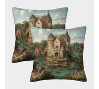 kaiyun Castillo de Piedra Medieval, Personas y Animales Fundas De Almohada Decoración del Hogar con Cremallera Invisible 50x50cm 2 Paquetes