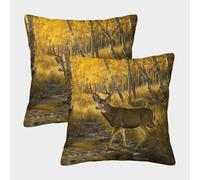 kaiyun Ciervo Drinking Water from Stream of Golden Aspen Trees Funda De Cojín Cuadrada 40x40cm 2 Paquetes con Cremallera Decorativa Invisible para Muebles