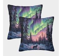 kaiyun Dense Pine Forest,Northern Lights, Lone Lobo Juego De Funda De Almohada Cuadrada para Sofá Dormitorio Coche 50x50cm 2 Paquetes