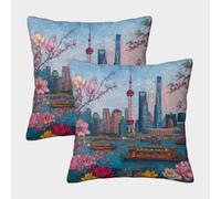 kaiyun Edificios del Bund de la Torre de la Perla Oriental Funda De Almohada con Cremallera Invisible Decoración del Hogar para Sofá 50x50cm 2 Paquetes