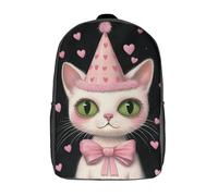 kaiyun Gato Wearing Party Hat Niña,Chicos Patrón de corazón rosa Mochila Escolar Para Viaje Bolsa De Escuela 17inch