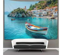 kaiyun Greek Pueblo Algodon Sheets Curtains Tapices,White Edificios And Green Plantas Decoración De PaRojo Tapiz,para Dormitorio, Salón, Casa 100cmx150cm