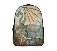 kaiyun Green Dragón by The Sea Mochilas Escolar,3D Estilo Medieval Impreso,Bolsas De Niños Estudiantes De Primaria Y Secundaria 16 inch