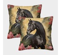 kaiyun Hermoso Caballo Negro Funda De Cojín Exotic Flowers and Hojas De Almohada Cuadrada para Sofá 50x50cm 2 Paquetes con Cremallera