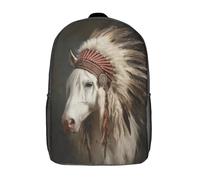 kaiyun Largo Bolsa Unisex,Haired Blanco Horse-Indian Feather Headdress Mochila Escolar Para Adolescentes Ultraligero 17inch