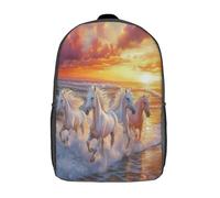 kaiyun Running White Caballo Mochila Playa at Atardecer Para Niños De Libro De Jardín De Infantes Ajustables De Libro De Niñas De Escuela Primaria 17inch