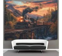 kaiyun Tapiz De Pared Old Wooden Bridge Sunset in The Mountains,Vintage Locomotora de vapor Tapestry Decoración De Pared Para Dormitorio Sala De Estar 70cmx100cm