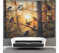 kaiyun Tapiz De Pared,Petirrojos, Carboneros, Mirlos, Arrendajos, Bosque Tapestry Decoración De Pared Para Dormitorio Sala De Estar 130cmx150cm