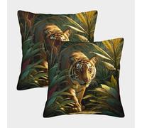 kaiyun Tigres deambulando libremente en la densa Jungla con Cremallera, Funda De Cojín,45x45cm 2 Paquetes Adecuada para Fiesta Temática De Sofá De Dormitorio