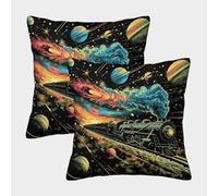 kaiyun Tren Estampada,Estrellas and Planetas Funda De Cojín 45x45cm 2 Paquetes con Cerniera Invisibile Decorativo