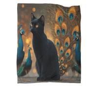 kaiyun Un ágil Gato Negro, Plumas de Pavo Real Manta Estampada Cálida,para Acampar Al Aire Libre Colcha Patchwork Ligera para Sofá Cama 50x60inch(127x152cm)