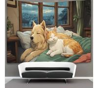kaiyun Un cachorro y un gatito mirando hacia una ventana en una noche lluviosa Tapiz Para Colgar En La Pared Tapices Estéticos,decoración De Dormitorio, Sala De Estar,dormitorio 180cmx230cm