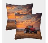 kaiyun Un Tractor Rojo articulado atraviesa el pastizal, con una Hermosa Puesta de Sol a lo lejos Fundas De Almohada Decoración del Hogar con Cremallera Invisible 50x50cm 2 Paquetes