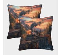 kaiyun Vintage Locomotora de Vapor Estampada,Old Wooden Bridge Sunset in The Mountains Funda De Cojín 40x40cm 2 Paquetes con Cerniera Invisibile Decorativo
