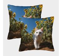 kaiyun White Cat Walking on The Path in The Girasol Field Funda De Cojín De Almohada Cuadrada para Sofá 40x40cm 2 Paquetes con Cremallera