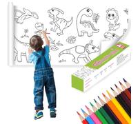 Kaizuca 30 CM*3 M Rollo Papel Colorear, Rollo Pintura, Rollo Papel Dibujo, con 12 Lápices Colores, Autoadhesivo, Cortable, para Niños, Niñas, Escuela, Regalos De Cumpleaños (patrón de dinosaurio)