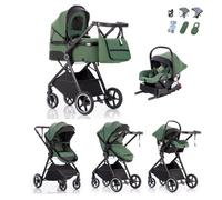 Kakbgee Cochecito 3 en 1 con Silla de Coche, Carrito bebé Plegable, Manillar 7 Alturas, Suspensión 4 Ruedas, Funda de Lluvia y Mosquitera, Sistema de Viaje para Recién Nacidos 0-3 Años (15kg)