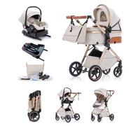 Kakbgee Cochecito 3 en 1 con Silla de Coche, Carrito bebé Plegable, Manillar 7 Alturas, Suspensión 4 Ruedas, Funda de Lluvia y Mosquitera, Sistema de Viaje para Recién Nacidos 0-3 Años (15kg), Beige