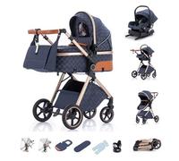 Kakbgee Cochecito 3 en 1 con Silla de Coche, Carrito bebé Plegable, Manillar 7 Alturas, Suspensión 4 Ruedas, Funda de Lluvia y Mosquitera, Sistema de Viaje para Recién Nacidos 0-3 Años (15kg), Azul
