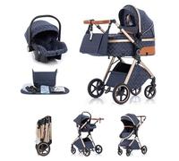 Kakbgee Cochecito 3 en 1 con Silla de Coche, Carrito bebé Plegable, Manillar 7 Alturas, Suspensión 4 Ruedas, Funda de Lluvia y Mosquitera, Sistema de Viaje para Recién Nacidos 0-3 Años (15kg), Azul