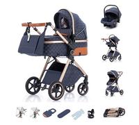 Kakbgee Cochecito 3 en 1 con Silla de Coche, Carrito bebé Plegable, Manillar 7 Alturas, Suspensión 4 Ruedas, Funda de Lluvia y Mosquitera, Sistema de Viaje para Recién Nacidos 0-3 Años (15kg), Azul