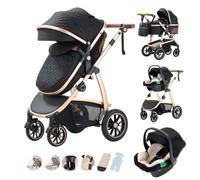 Kakbgee - Cochecito combinado 3 en 1, cochecitos con asiento de coche ECE R129, cochecito de paseo ajustable en altura, capazo flexible convertible marco de aluminio para recién nacidos 0-4 años