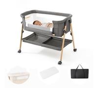 Kakbgee Cuna Colecho, Minicuna Plegable, Moisés con Colchón Lavable, Mosquitera, Bolsa - Cuna De Viaje para Recién Nacidos 0-6 Meses, hasta 9 Kg, Imitación Madera, Gris