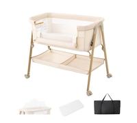 Kakbgee Cuna Colecho, Minicuna Plegable, Moisés con Colchón Lavable, Mosquitera, Bolsa - Cuna De Viaje para Recién Nacidos 0-6 Meses, hasta 9 Kg, Imitación Madera, Caqui